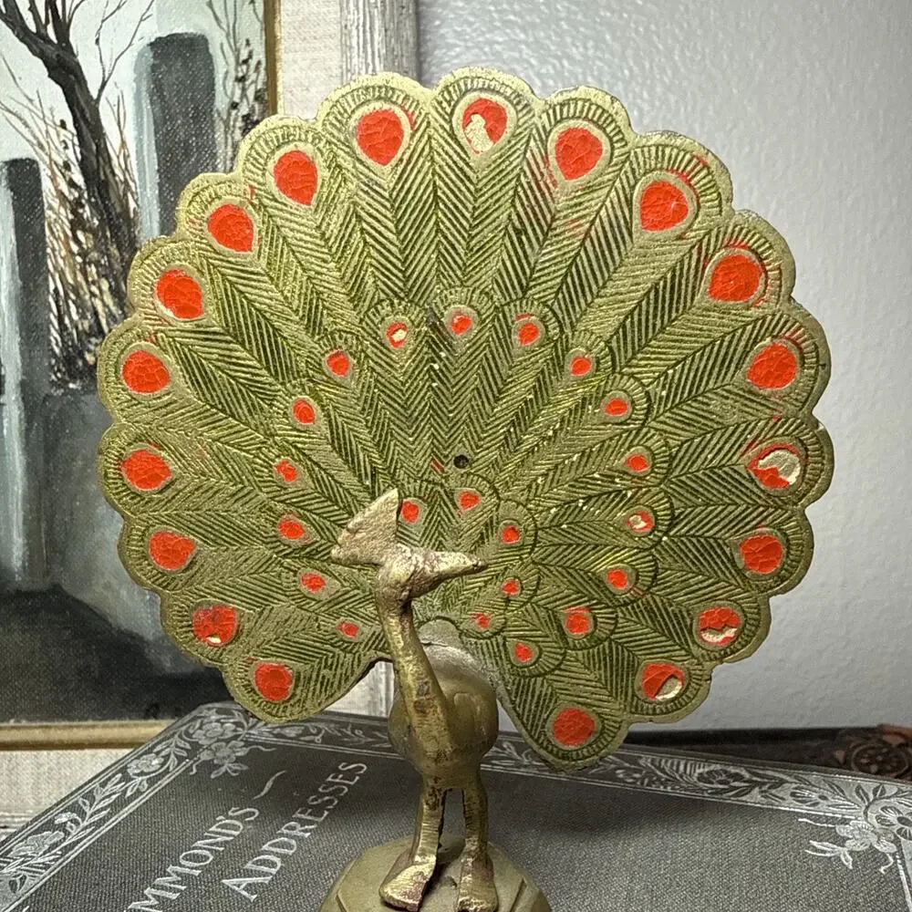 VTG Brass Peacock Figurine Enamel Tail India 4.5” MCM Hollywood Regency Decor - Picture 5 of 8